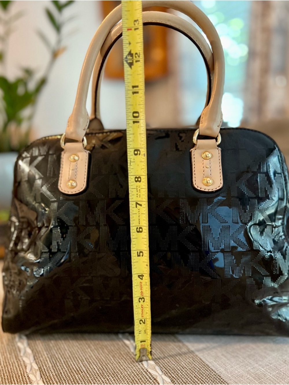 Michael Kors Patent Leather MK Monogram Dome Satchel with Cream Handles - Picture 11 of 12
